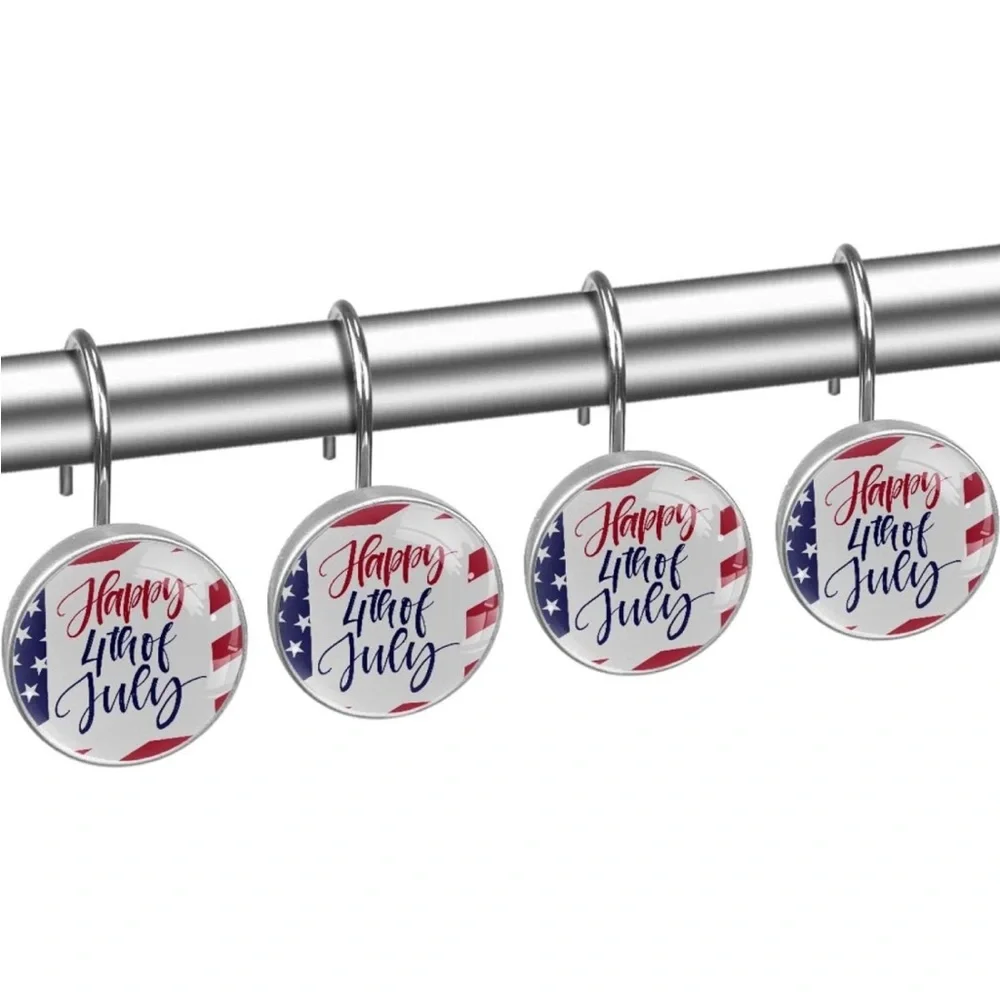 Shower Curtain Hooks Set of 12, Happy 4th of July, Crystal Glass